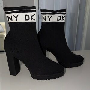 DKNY Black Knit Sock Booties with White Logo Cuff